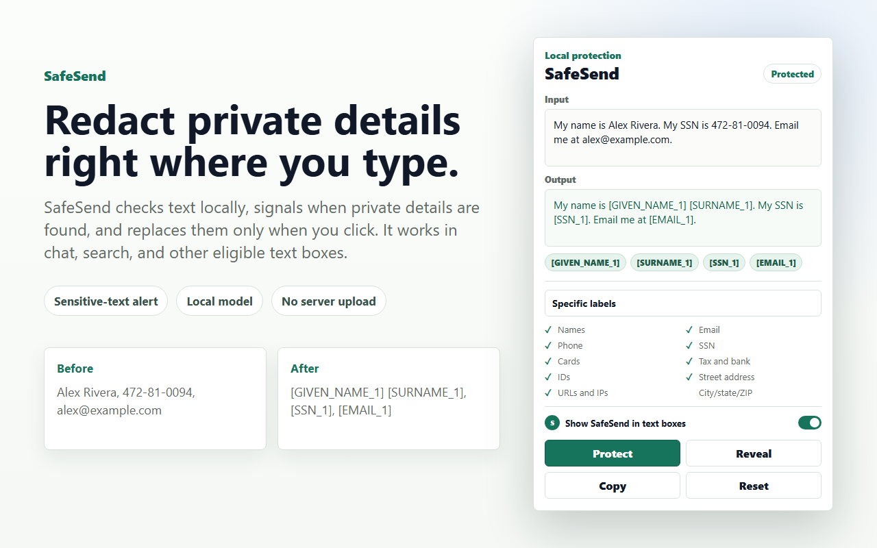 SafeSend popup showing sensitive text replaced with private labels