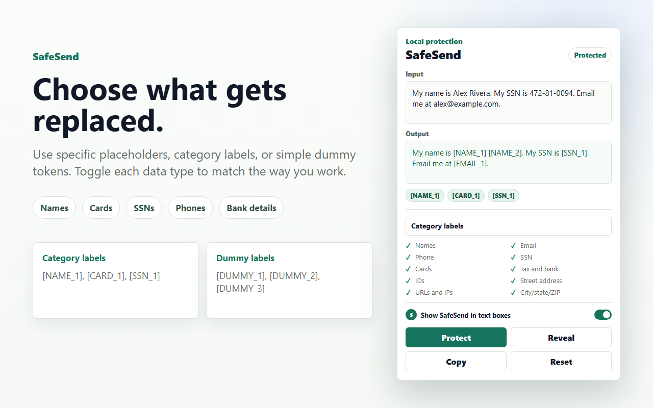 SafeSend settings for replacement labels and redaction categories